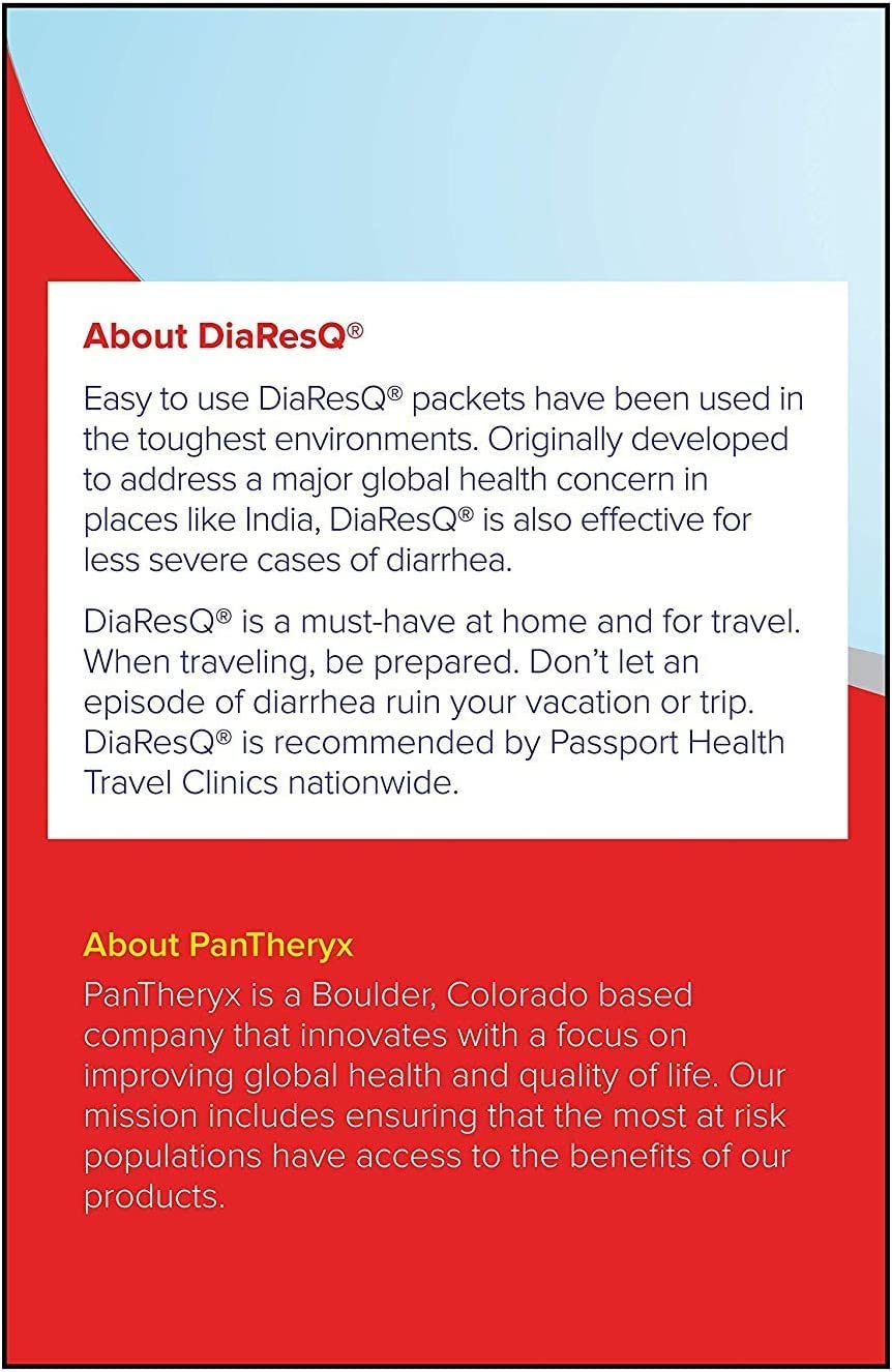 Back of DiaResQ packaging showing ingredients and usage