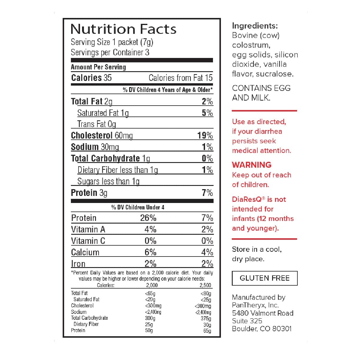 DiaResQ children diarrhea relief vanilla drink mix sachet packaging information side view