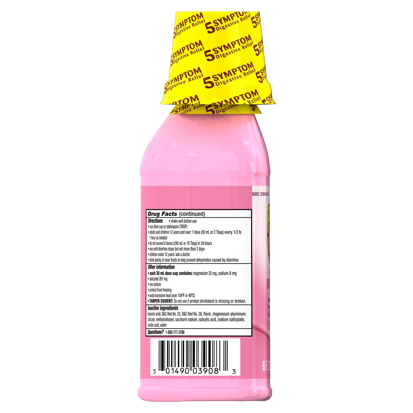 Pepto Bismol liquid bottle with instruction label visible