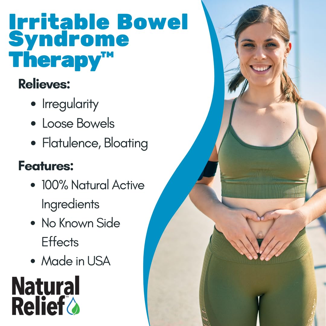 TRP Irritable Bowel Syndrome Therapy tablets side label highlighting natural active ingredients for stomach pain relief.