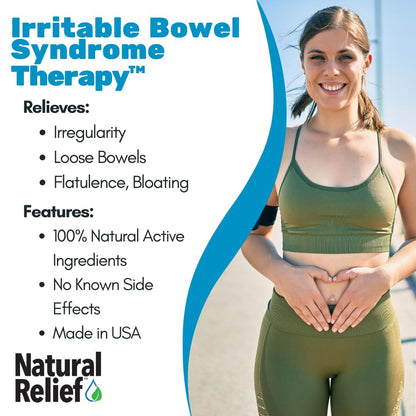TRP Irritable Bowel Syndrome Therapy tablets side label highlighting natural active ingredients for stomach pain relief.