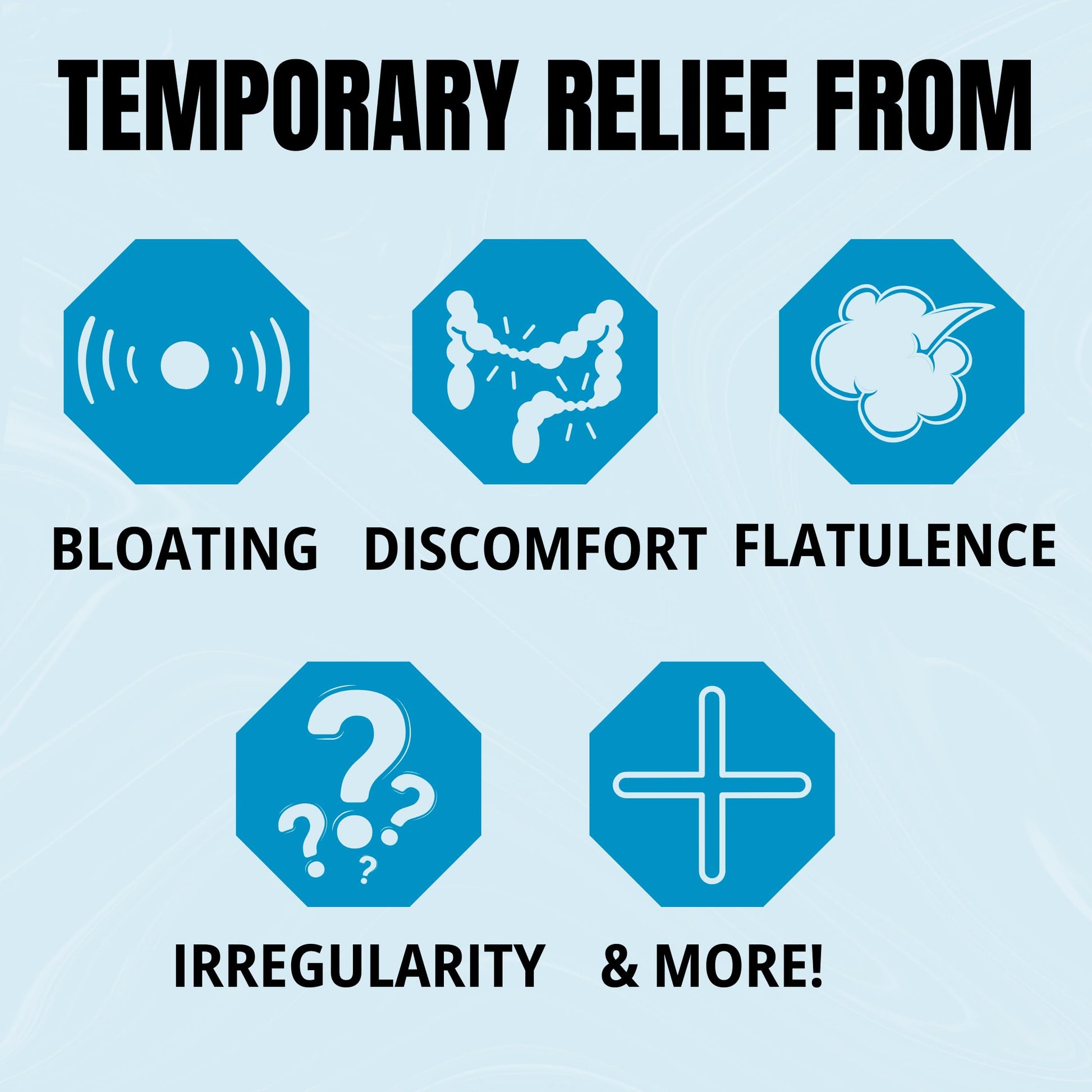 The Relief Products fast dissolving tablets showing bottle container details for gas and bloating support.