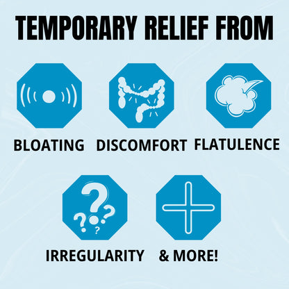 The Relief Products fast dissolving tablets showing bottle container details for gas and bloating support.
