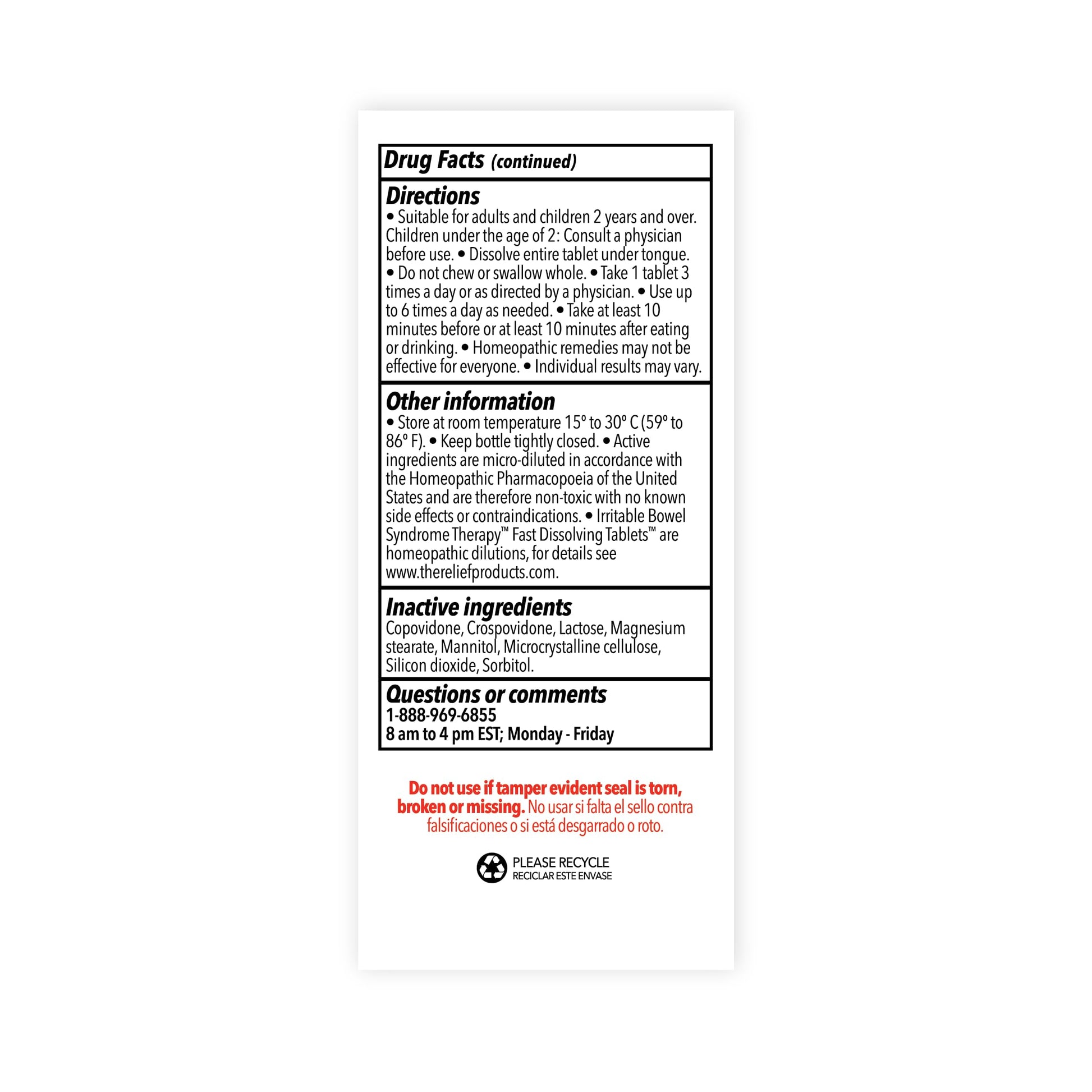 Close up view of the homeopathic pharmacopoeia ingredients on The Relief Products digestive supplement bottle.