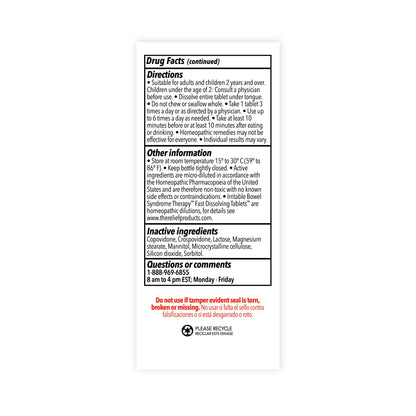 Close up view of the homeopathic pharmacopoeia ingredients on The Relief Products digestive supplement bottle.