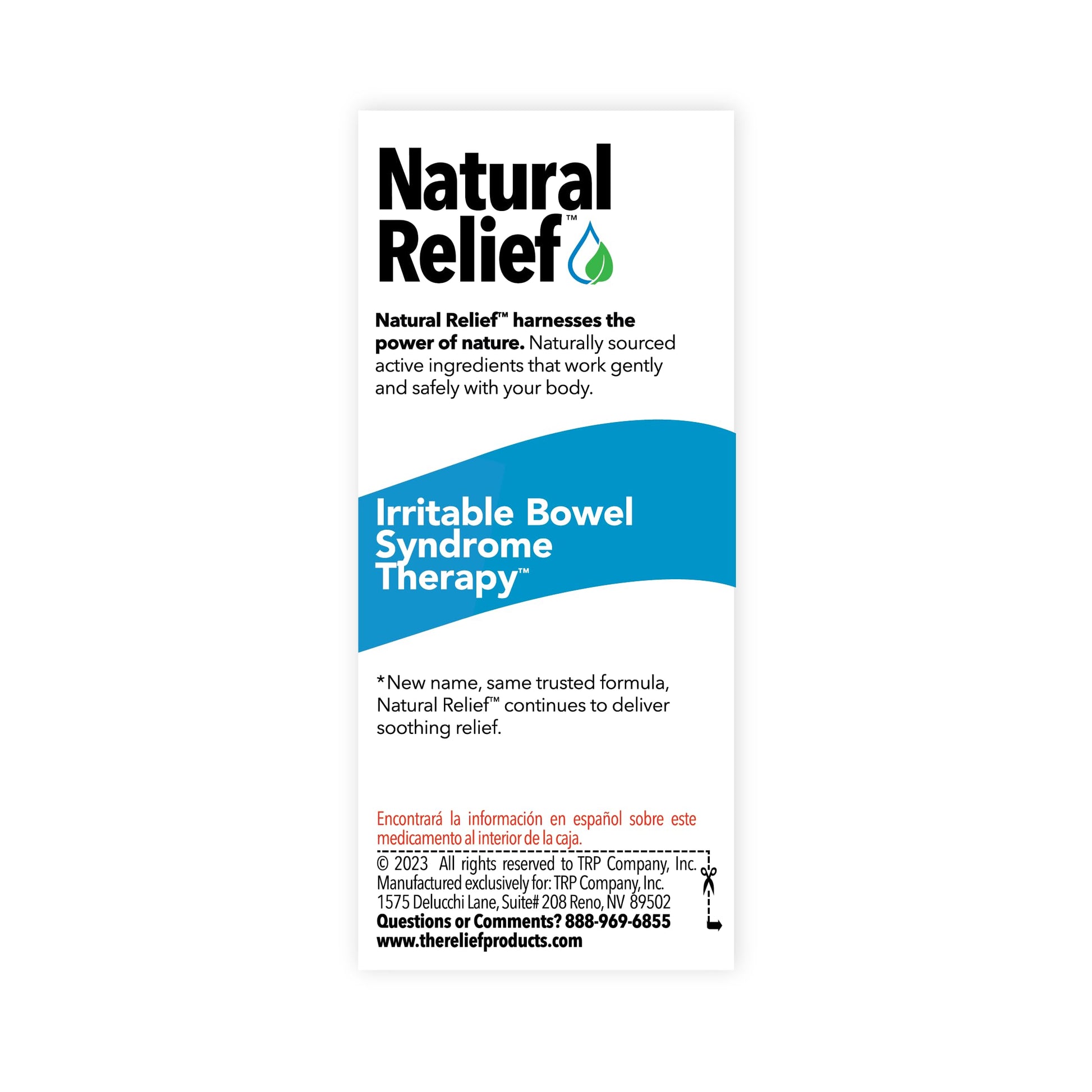 The Relief Products premium health supplement container outlining temporary relief directions for stomach aches.