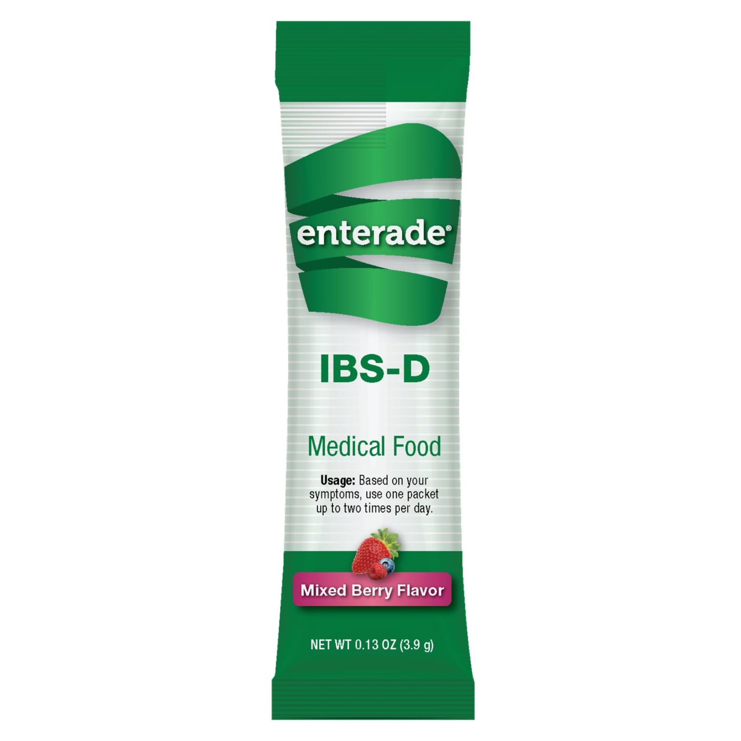 Enterade mixed berry flavor supplement box showing nutritional facts panel and ingredients