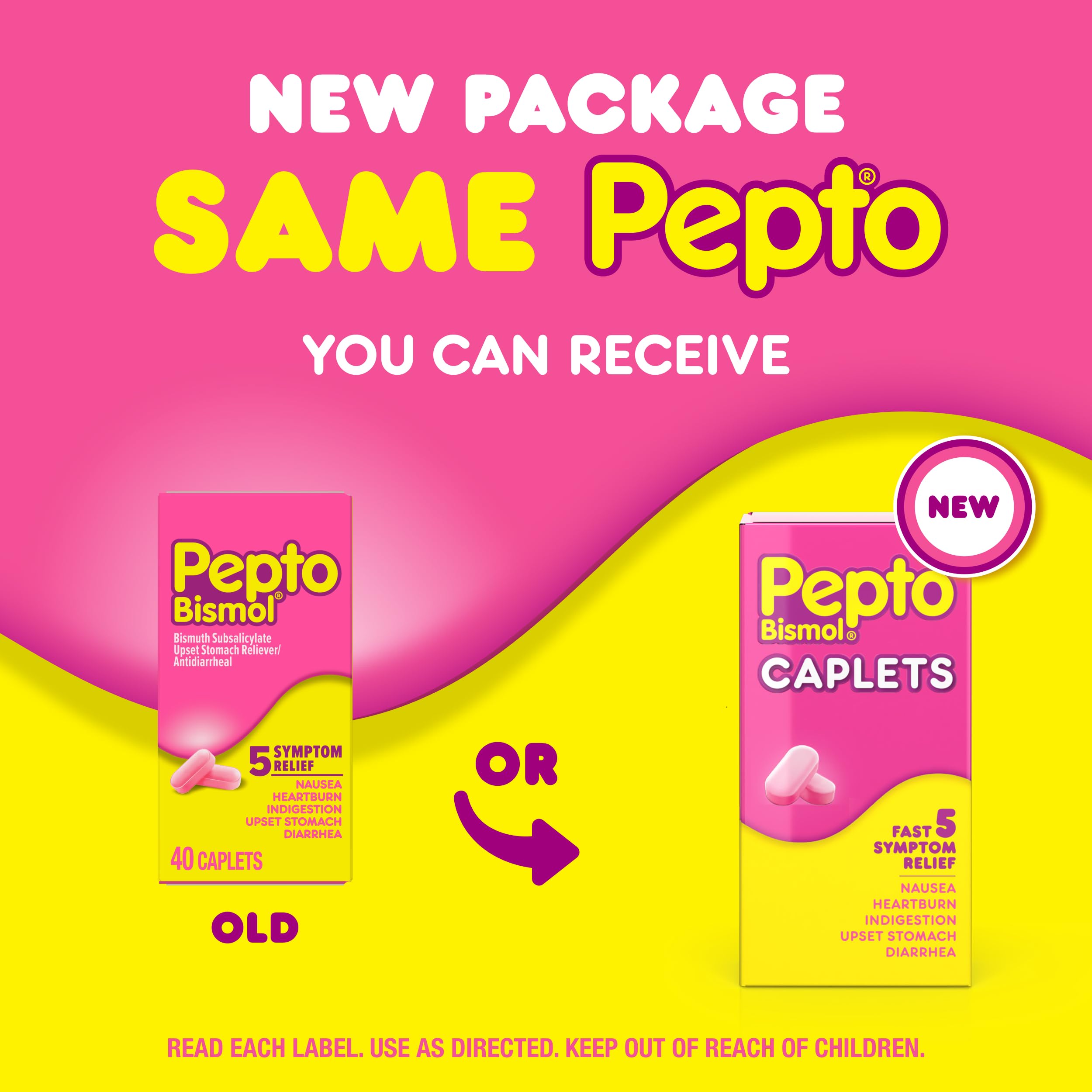 Pepto Bismol 5-in-1 stomach relief packaging