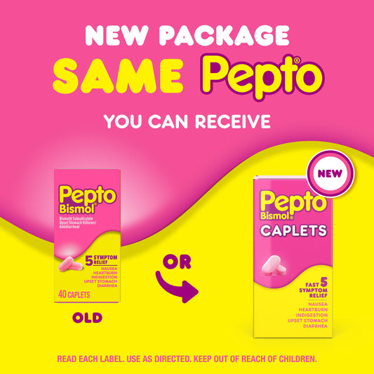 Pepto Bismol 5-in-1 stomach relief packaging