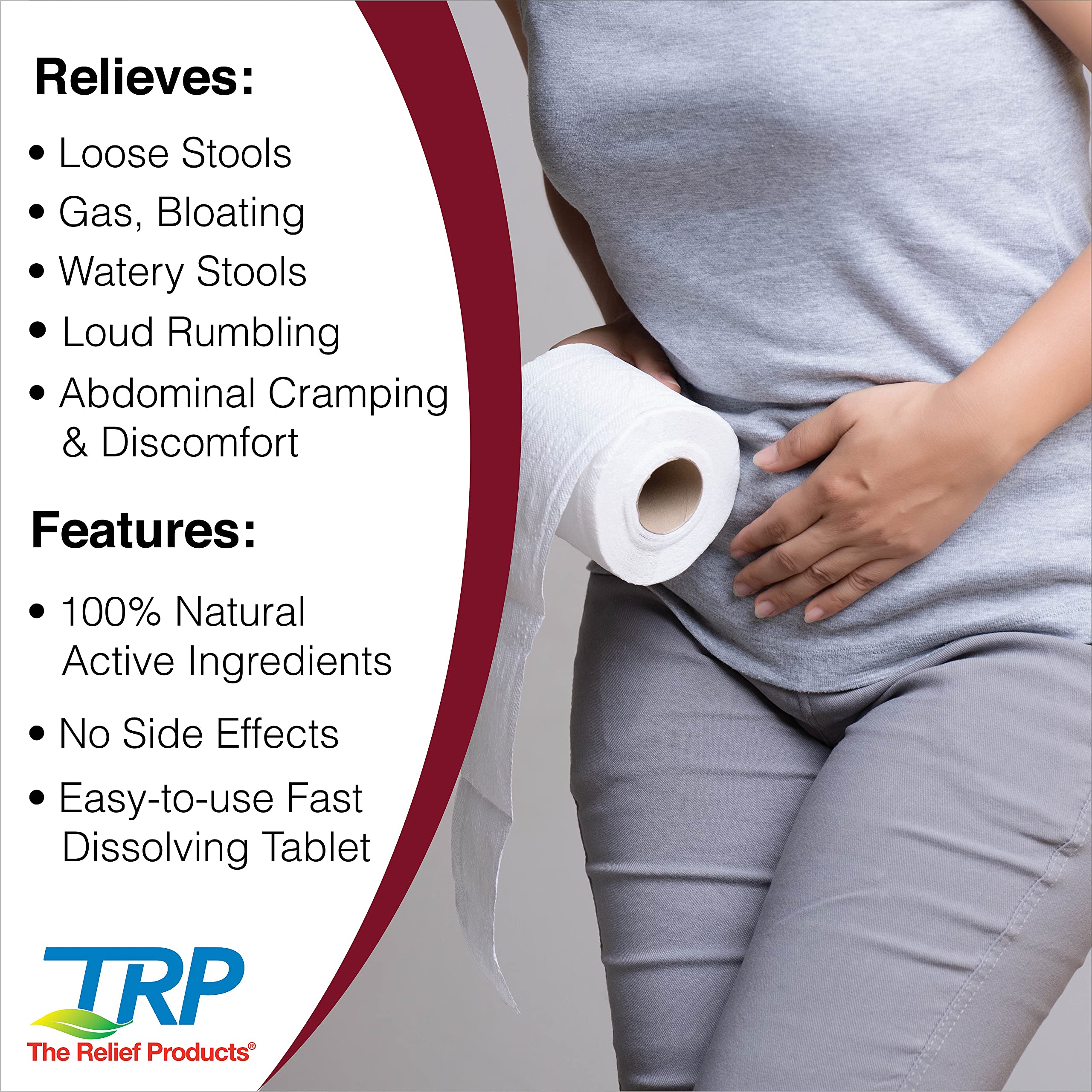 The Relief Products natural diarrhea relief tablets packaging