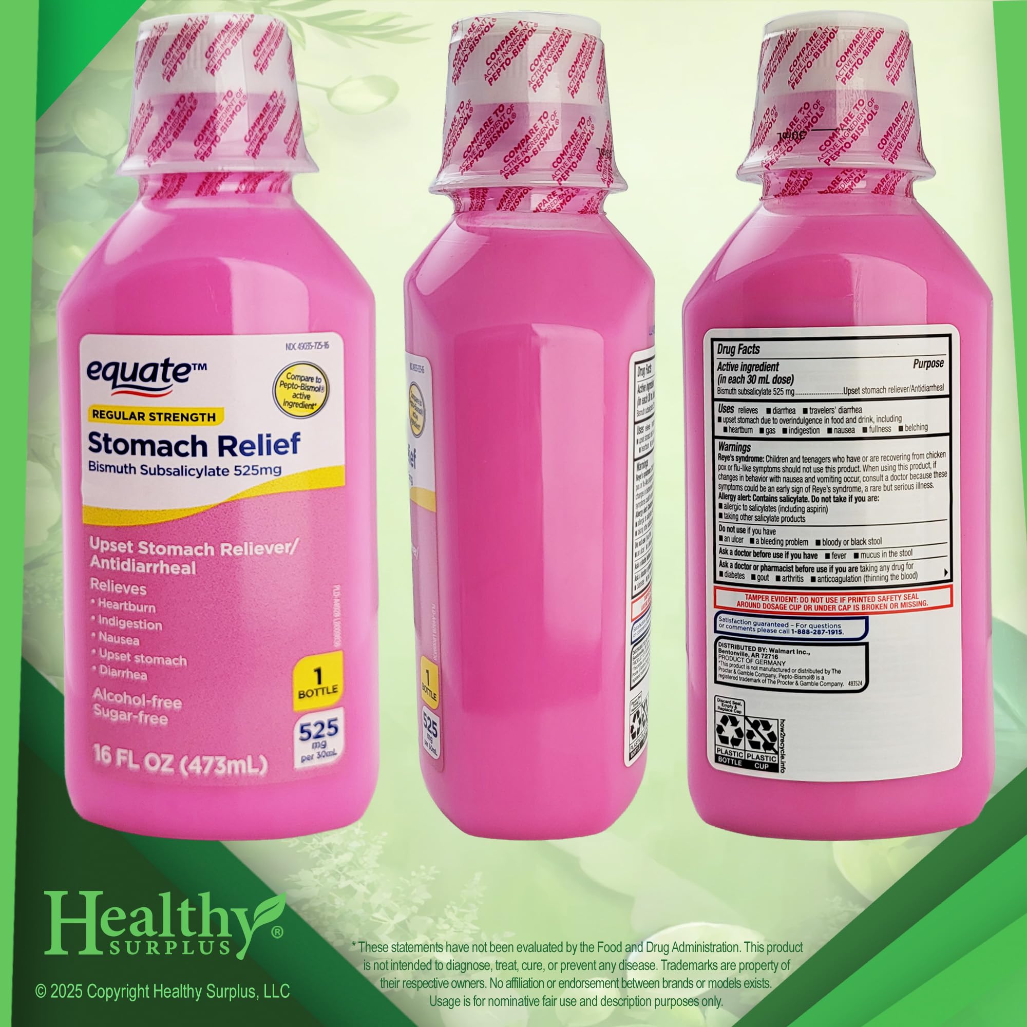 Healthy Surplus Equate Bismuth Subsalicylate 525mg anti diarrheal liquid medicine label details