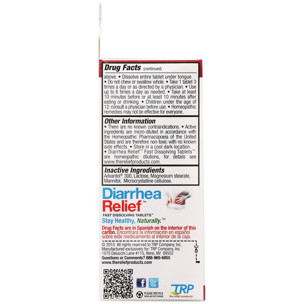 The Relief Products Diarrhea Relief homeopathic tablets in hand