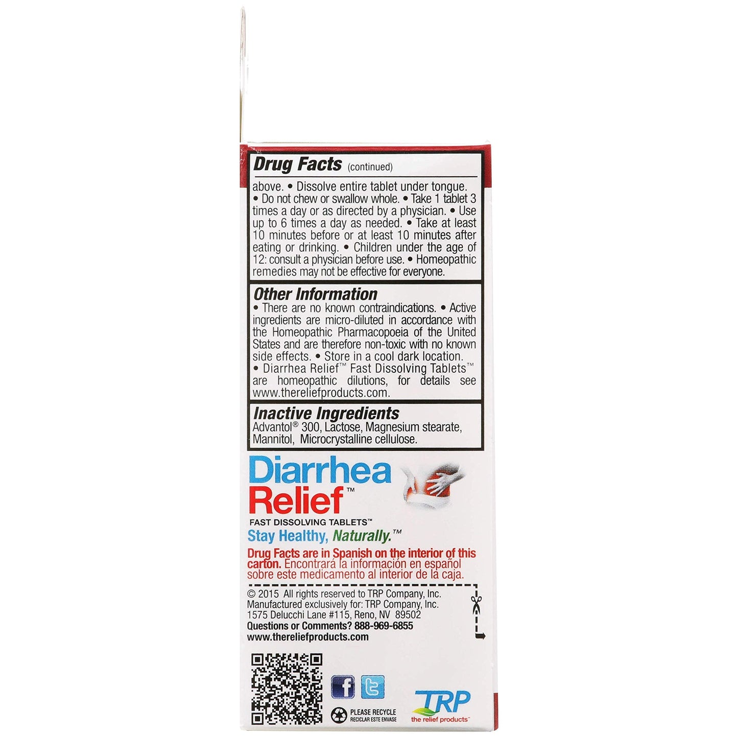 The Relief Products Diarrhea Relief homeopathic tablets in hand