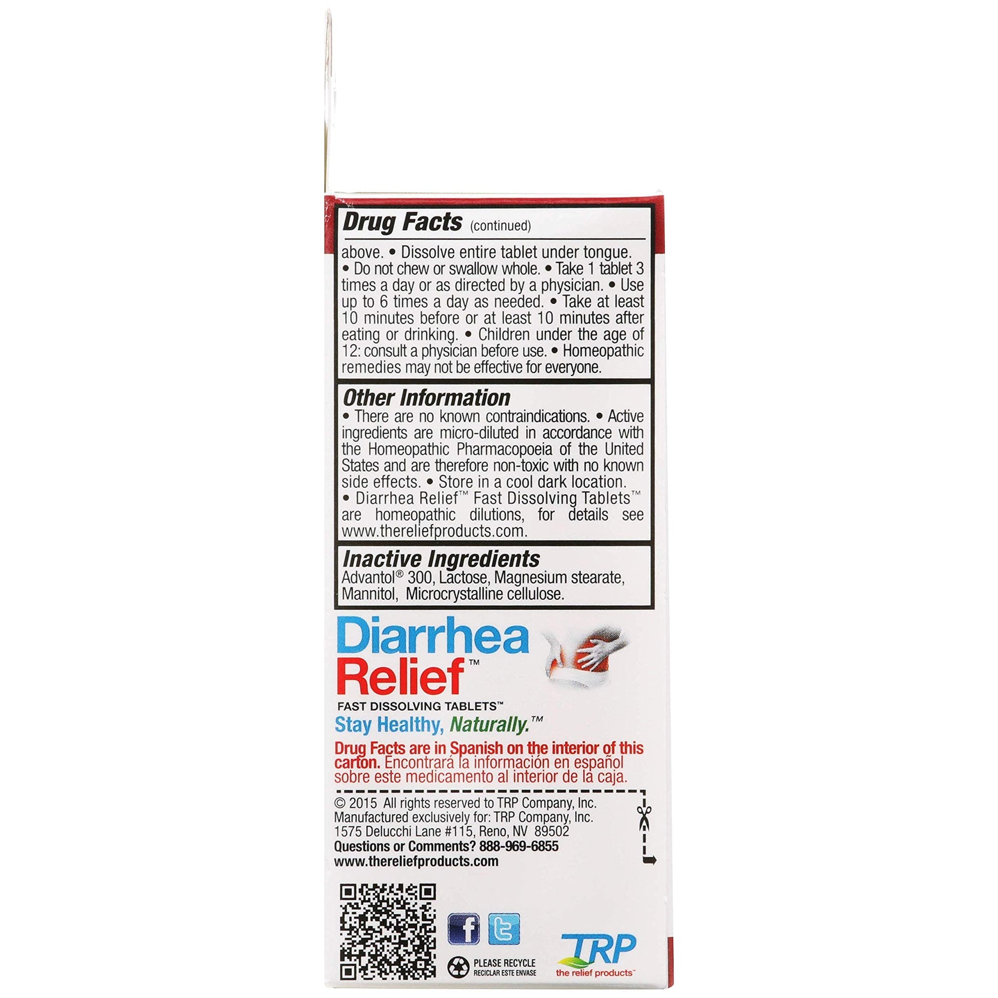 The Relief Products Diarrhea Relief homeopathic tablets in hand