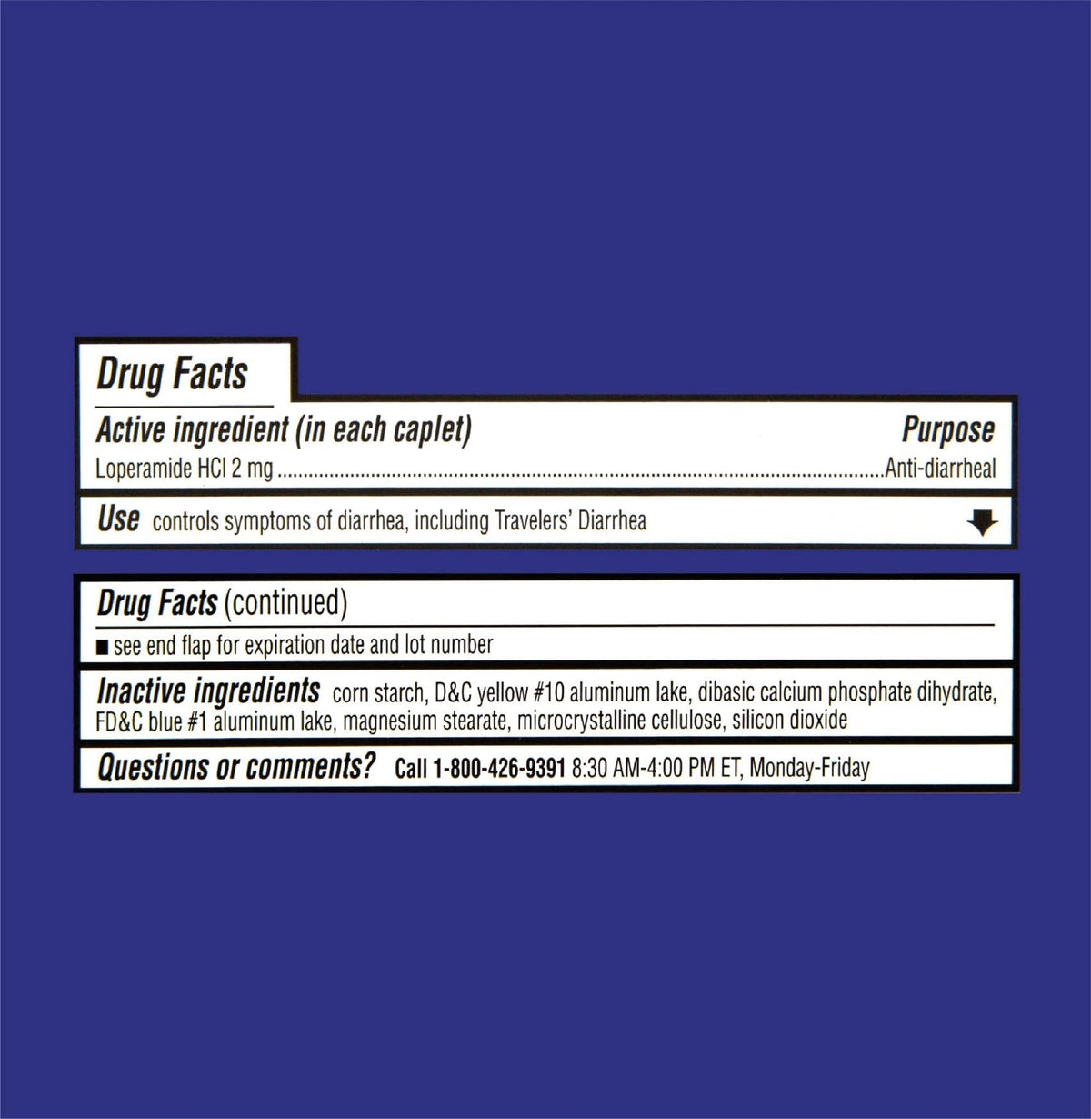 Side panel of Quality Choice anti-diarrheal medication bottle