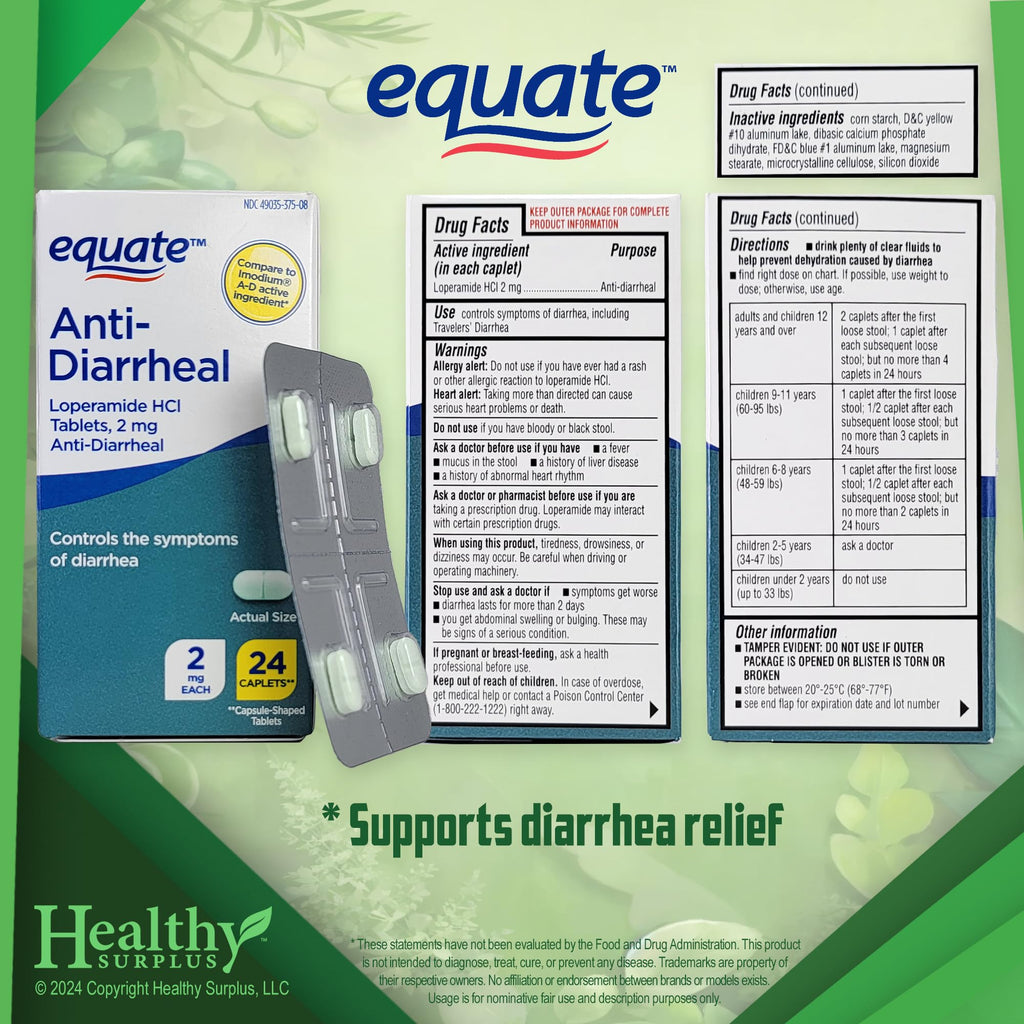 Equate Anti Diarrheal 24 caplets side box drug facts label details