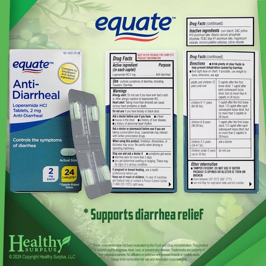Equate Anti Diarrheal 24 caplets side box drug facts label details