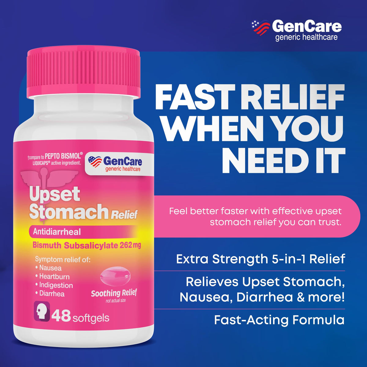 GenCare bismuth subsalicylate 262 mg softgels for 5-in-1 symptom relief.