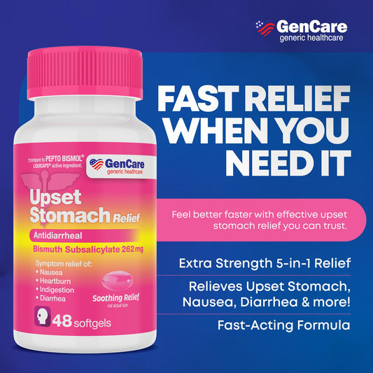 GenCare bismuth subsalicylate 262 mg softgels for 5-in-1 symptom relief.