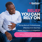 GenCare antidiarrheal and acid reflux medication packaging details and drug facts.