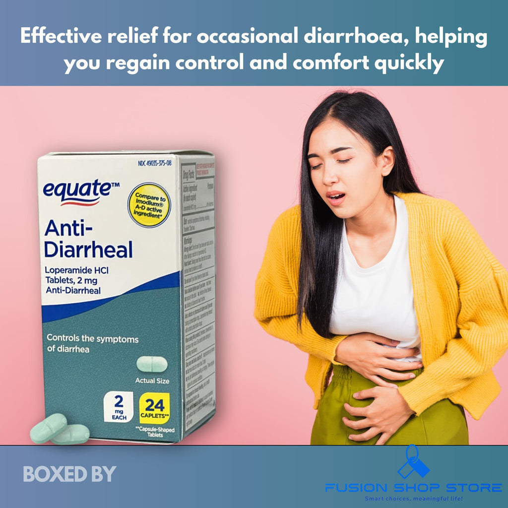 Fusion Shop Store anti diarrheal capsule shaped tablets side view showing dosage info