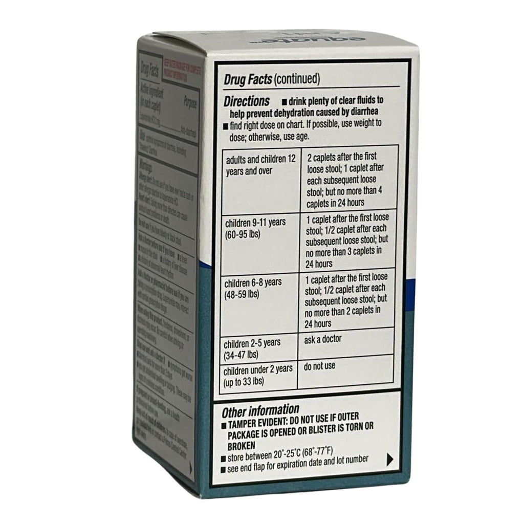 Over the counter anti diarrheal tablets back label with detailed ingredient list
