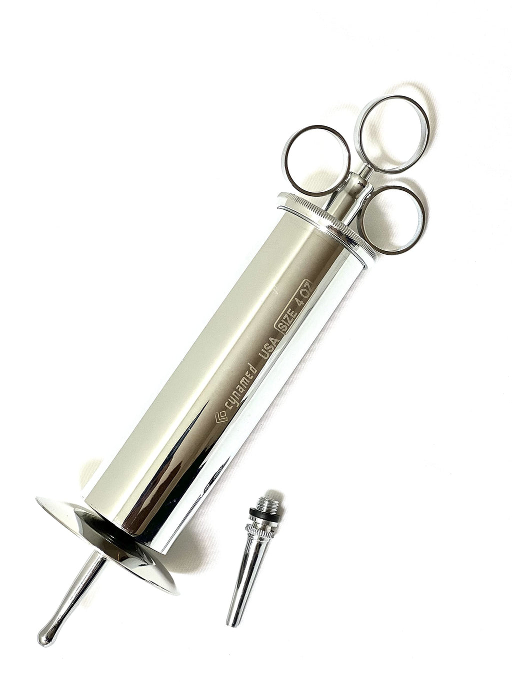 Cynamed chrome finish ear syringe showing interchangeable nozzles