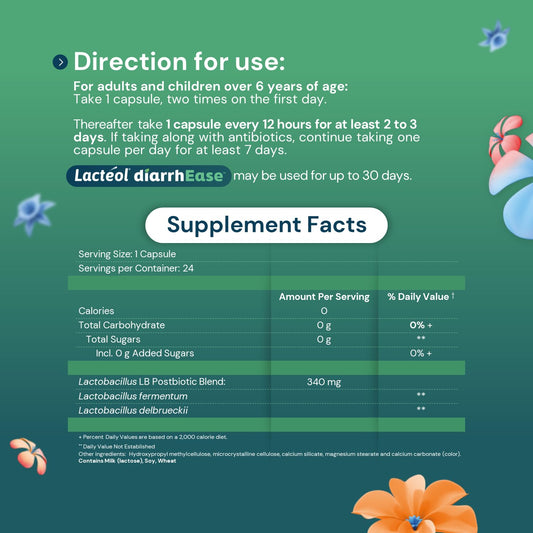 LactÃ©ol Lactobacillus LB inactivated postbiotic capsules for stomach upset and gut health balance