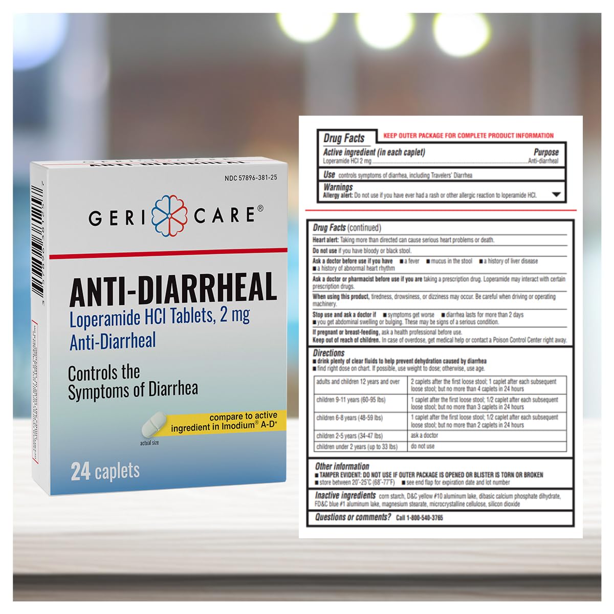 Authentic GeriCare anti diarrheal medication box showing active ingredient facts