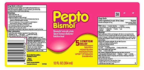 Pepto-Bismol 5 symptom stomach relief liquid bottle label detail