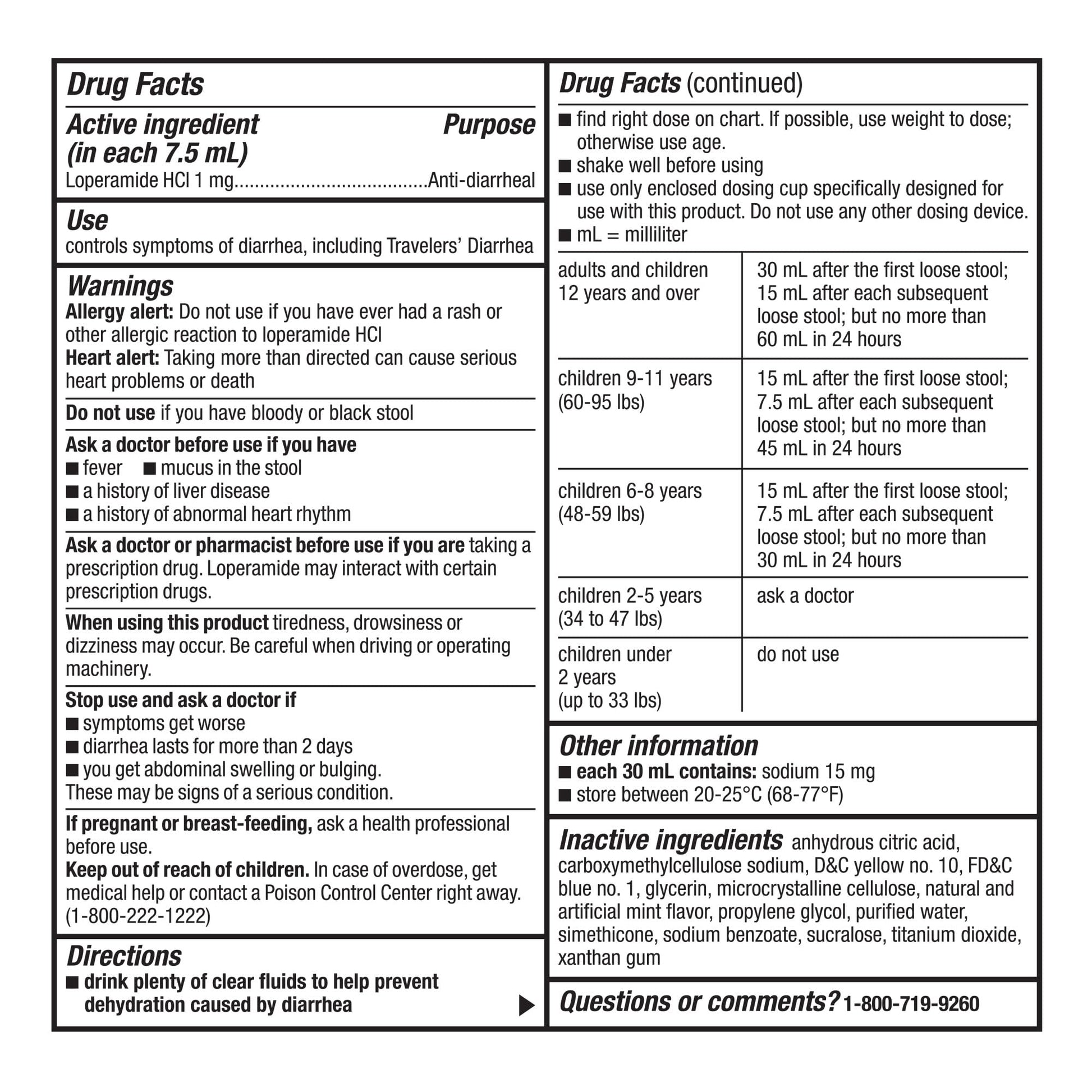 Back label of GoodSense anti diarrheal liquid showcasing gluten free formula and warning instructions.