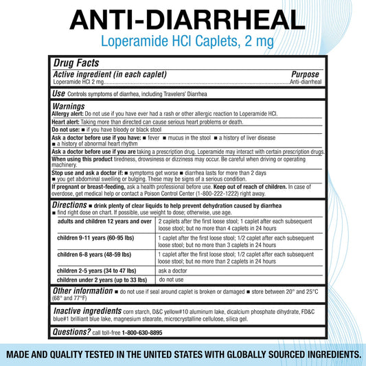 Puregen Labs Loperamide Hydrochloride 2 mg pills side panel showing dosage instructions