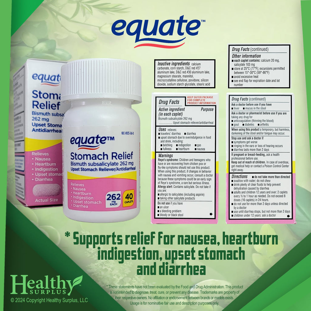 Healthy Surplus bismuth subsalicylate 262 mg bottle showing product labels and warnings