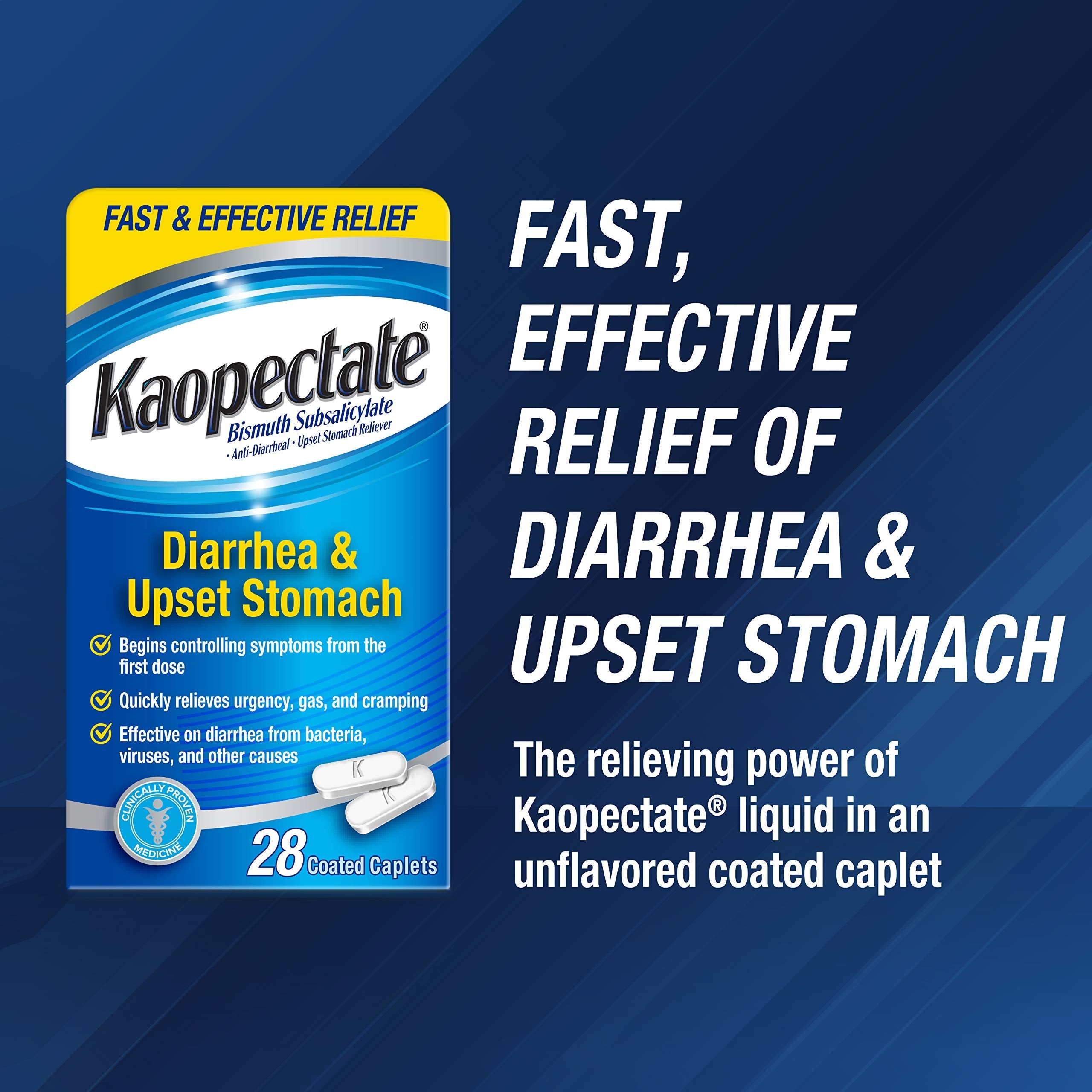 Kaopectate bismuth subsalicylate coated caplets box showing 7 symptom coverage details