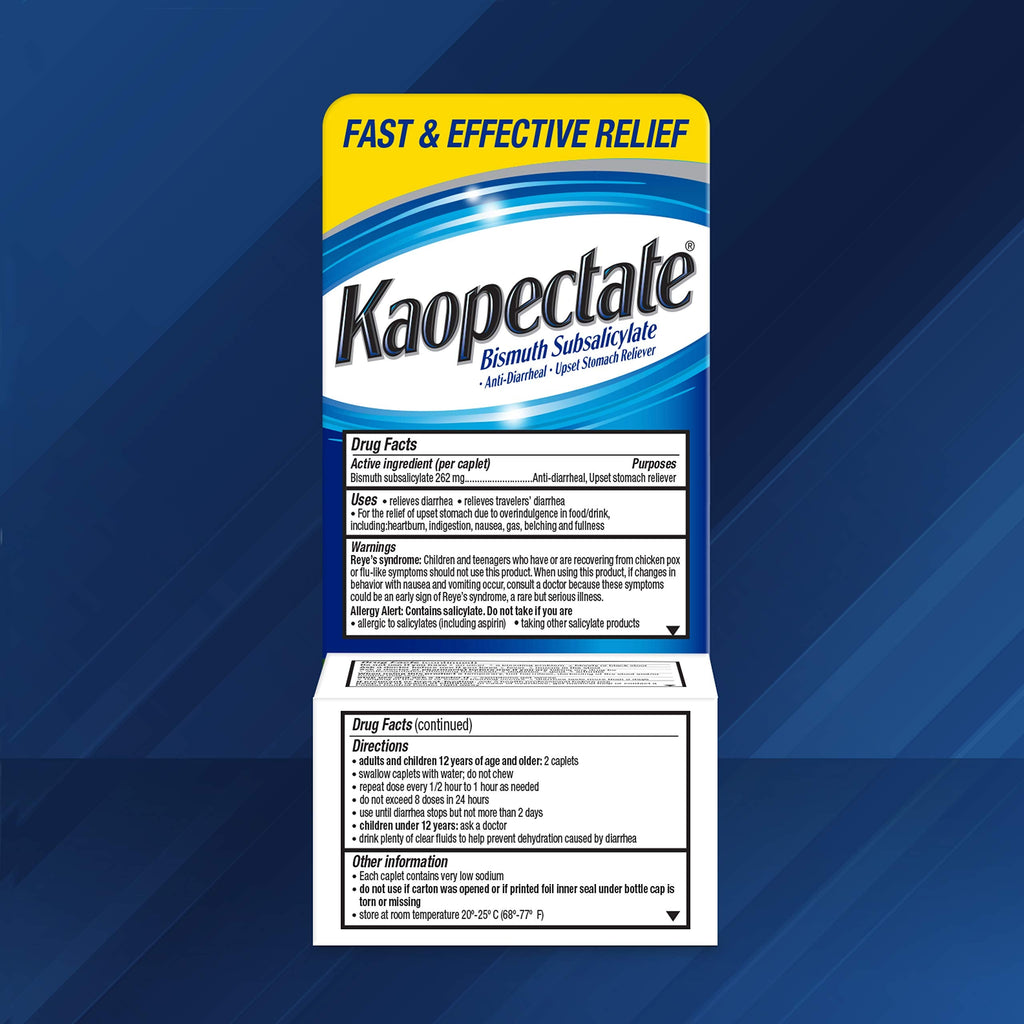 Close up view of the active ingredient list for Kaopectate 262 mg tablets