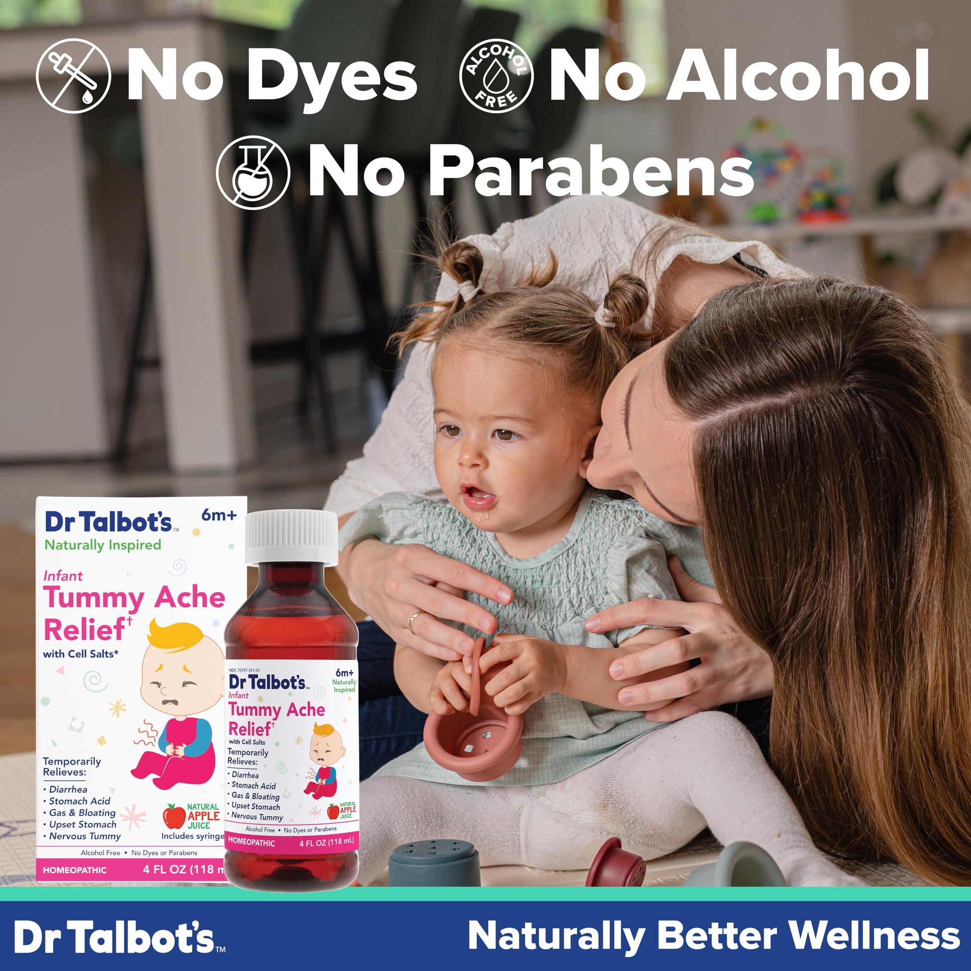 Side view of infant tummy ache relief packaging showing natural apple flavor detail