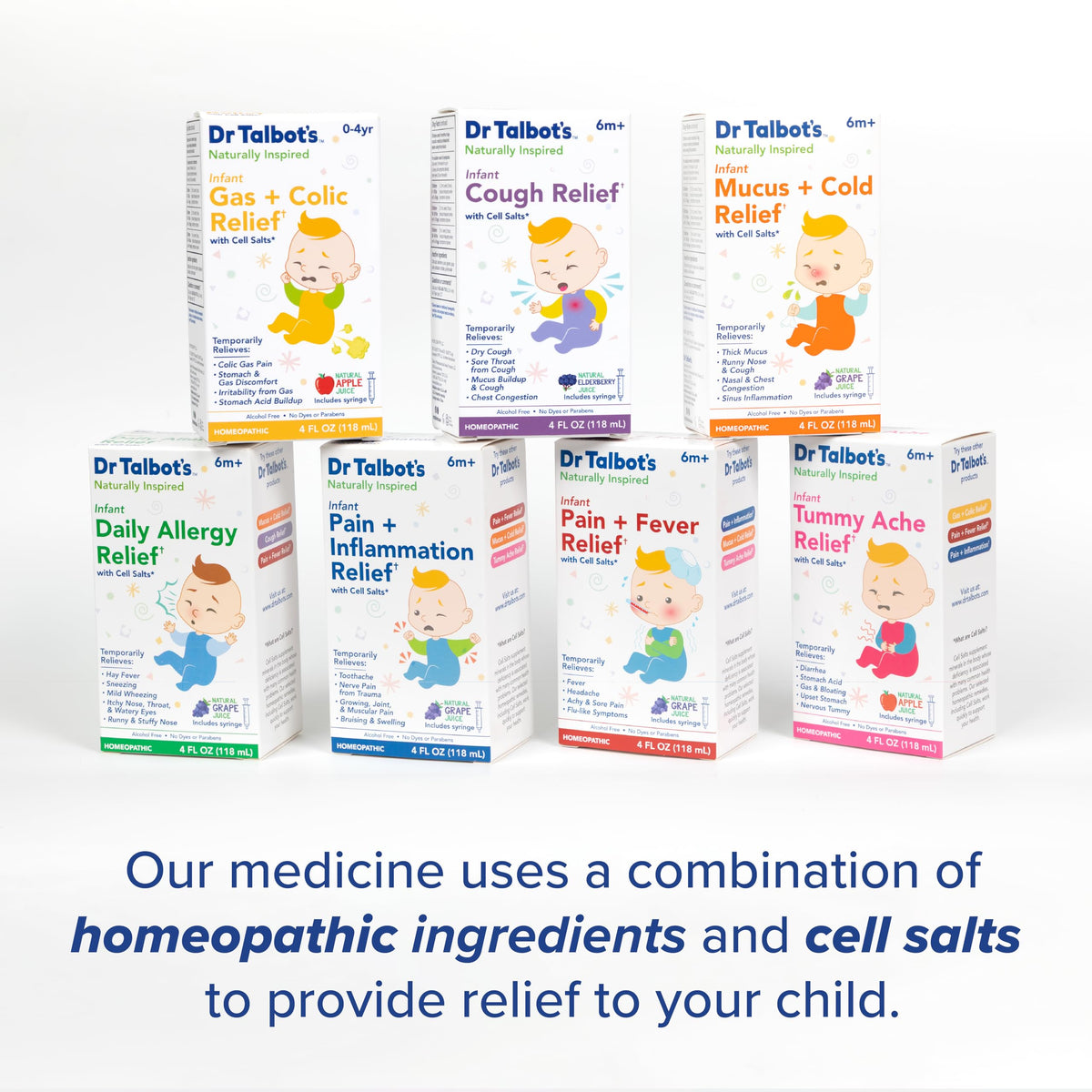 Naturally inspired kids stomach relief product packaging showing six months plus age recommendation