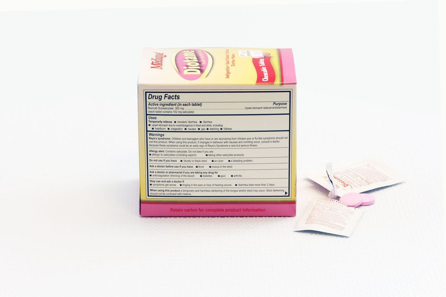 Back view of Medique Diotame packaging with dosage information