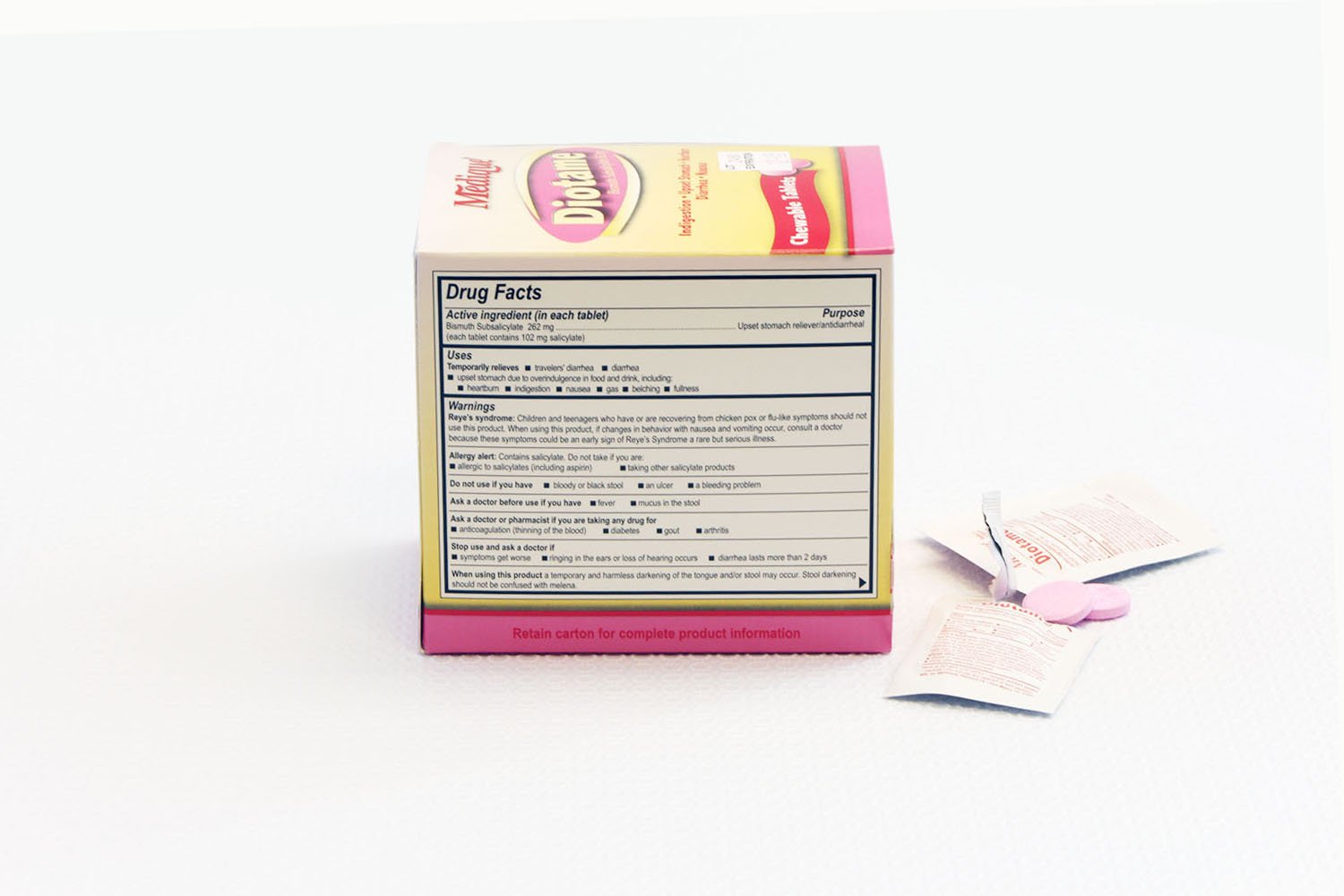 Back view of Medique Diotame packaging with dosage information