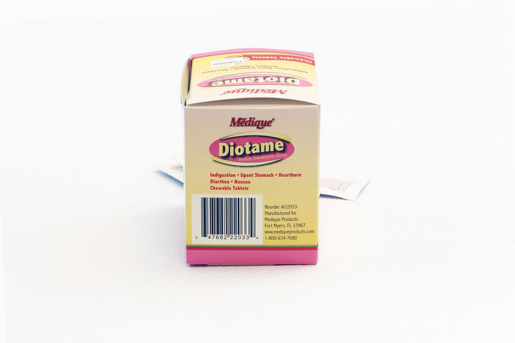 Close up of Medique Diotame chewable tablet nutritional facts