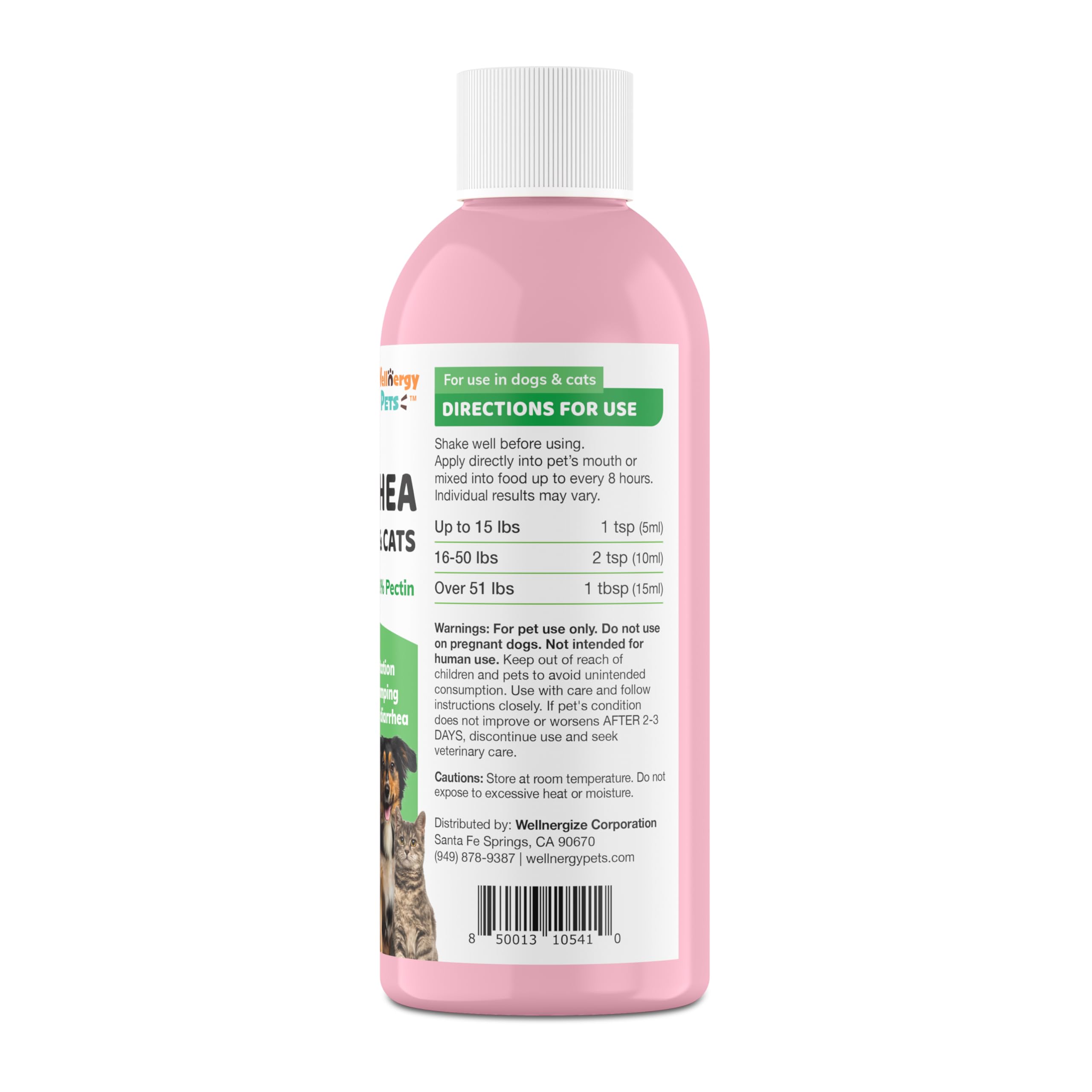 Dog diarrhea relief liquid packaging showing kaolin and pectin active ingredients