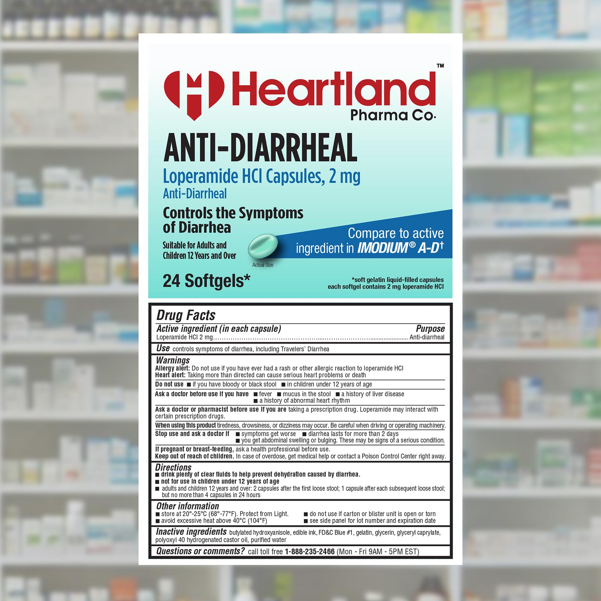 Heartland Pharma anti-diarrheal blister pack showcasing individual twenty-four count caplets.