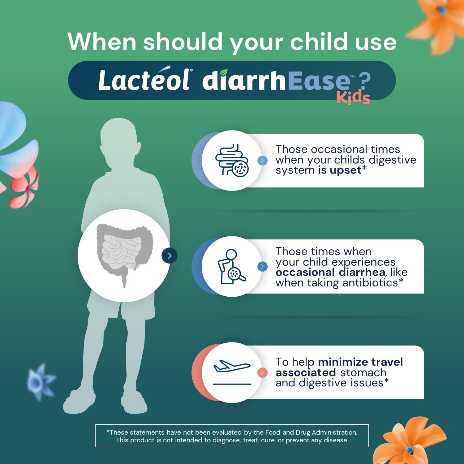 Lacteol DiarrhEase Kids tropical flavor powder sachets arranged next to the retail packaging
