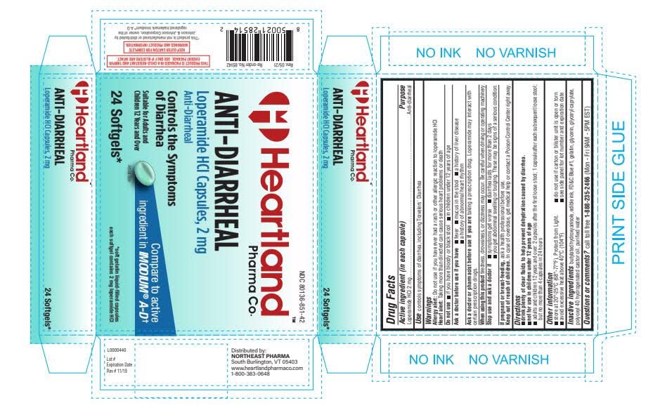 Full product spread of Heartland Pharma anti-diarrheal caplets with verified safety seal visible.