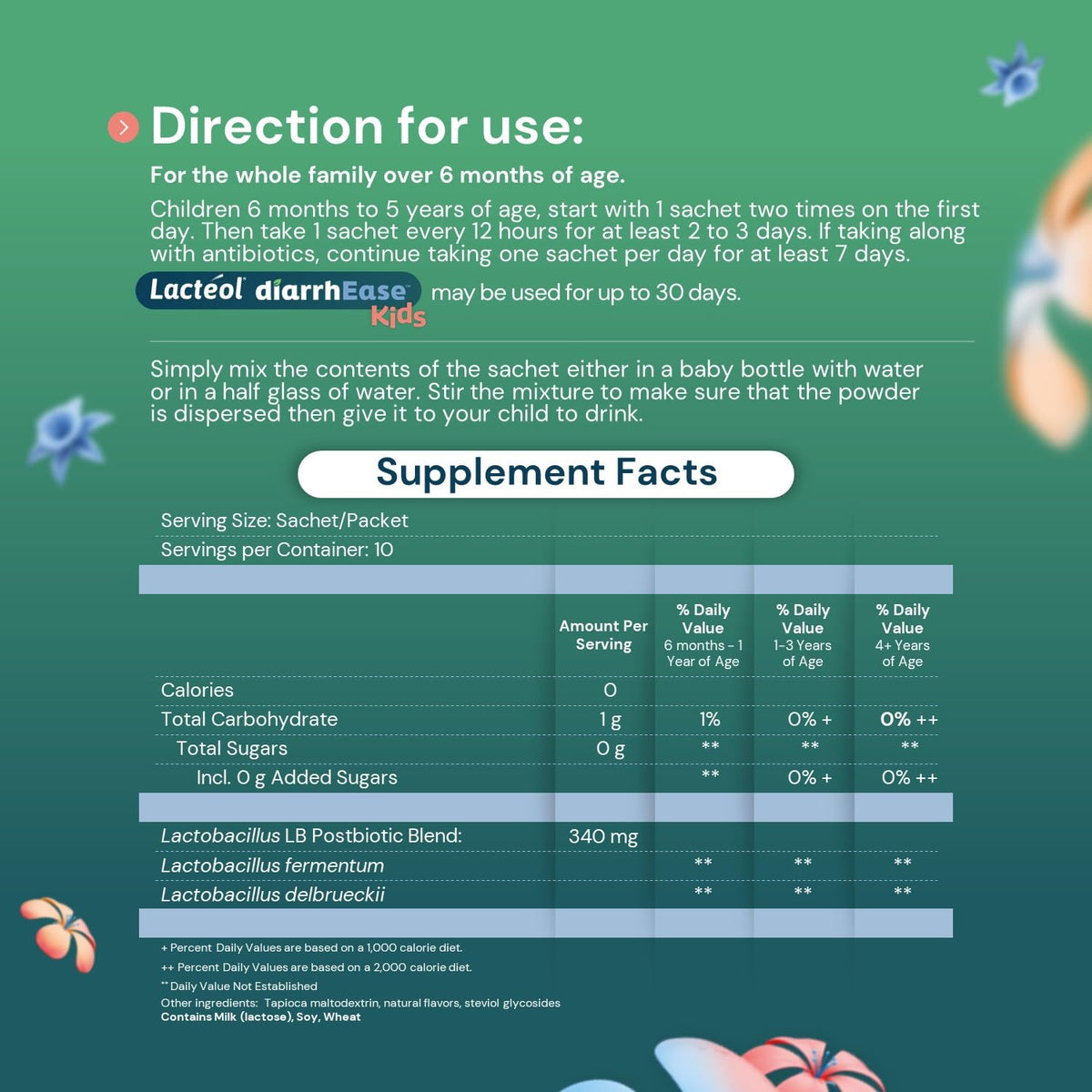 Back label of Lacteol DiarrhEase Kids showing 10 billion Lactobacillus LB ingredient and allergen information