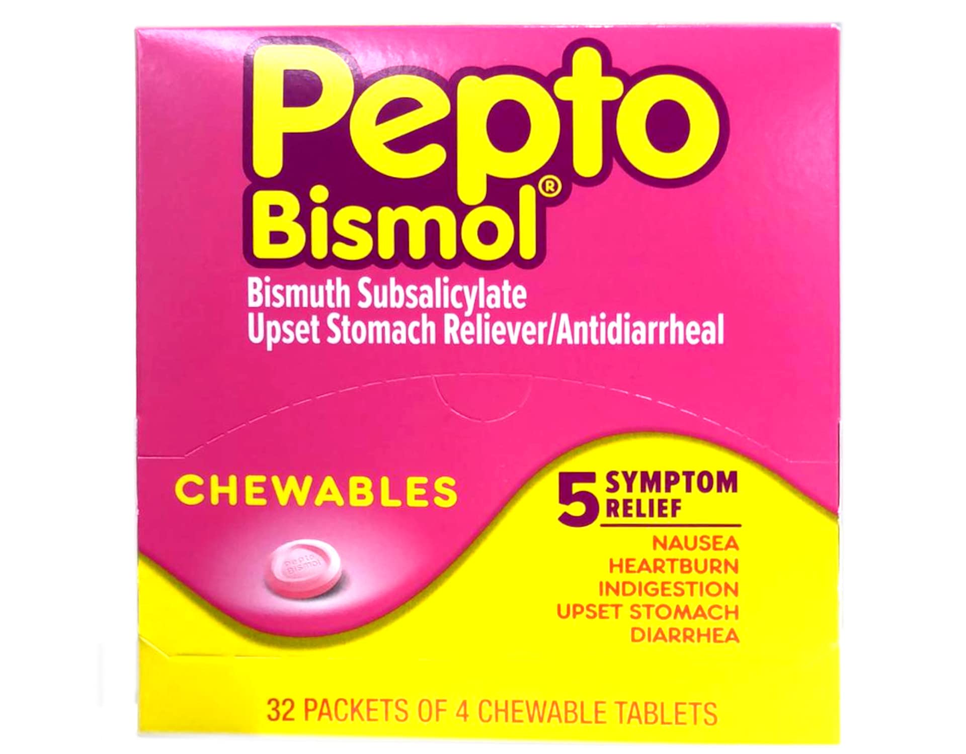 Box Of Thirty Two Packets Of Pepto Bismol Chewable Tablets For Indigestion
