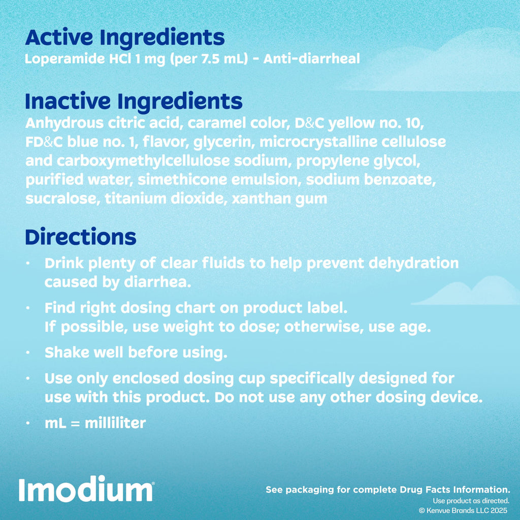 Side view of Imodium A-D liquid medicine for kids