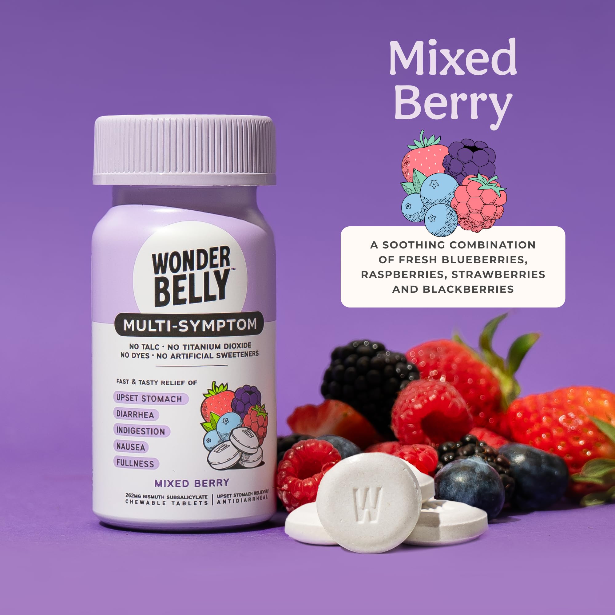 Wonderbelly anti diarrhea chewable tablets bottle showing clean ingredients list.