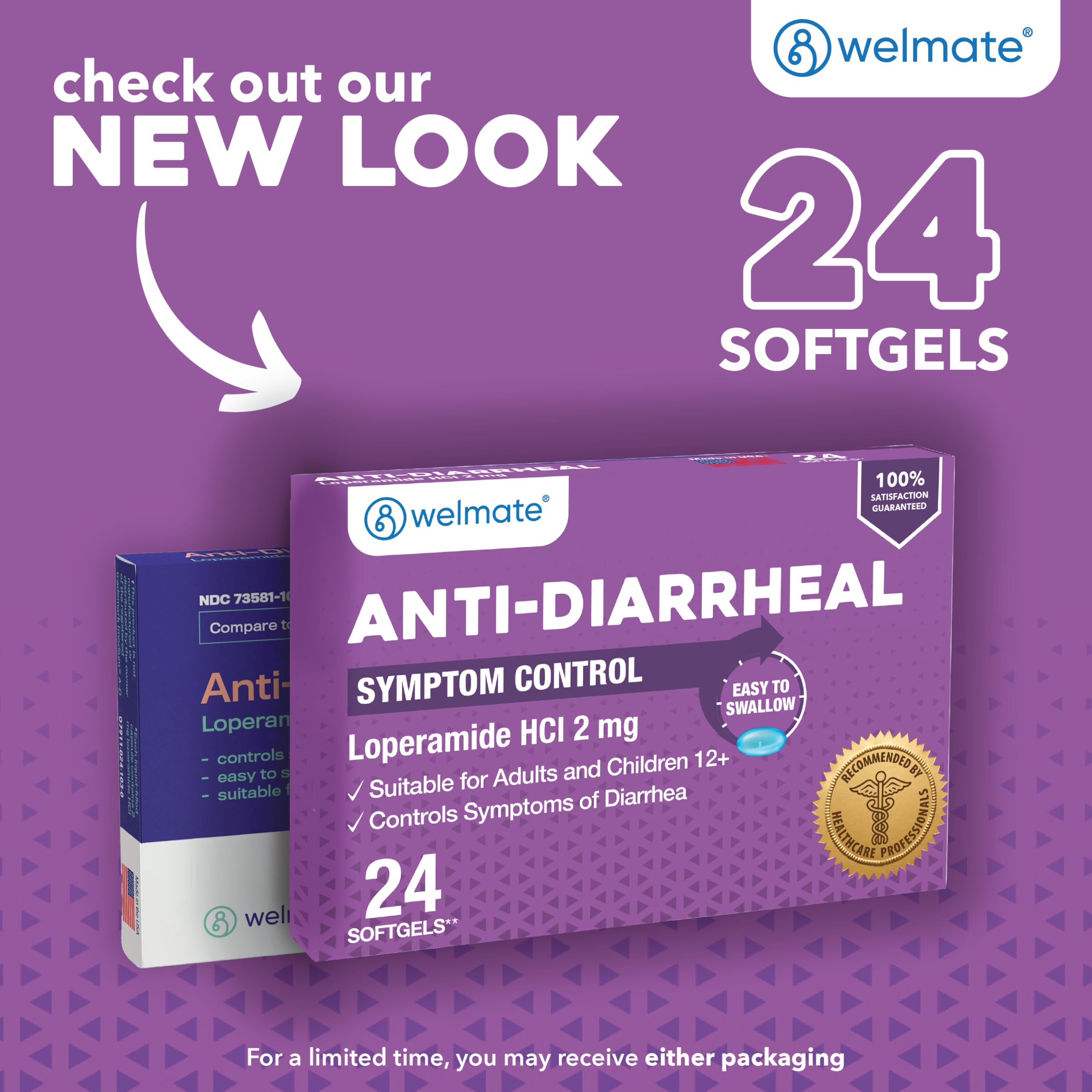 Welmate loperamide hydrochloride capsules packaging showing adult dosage instructions