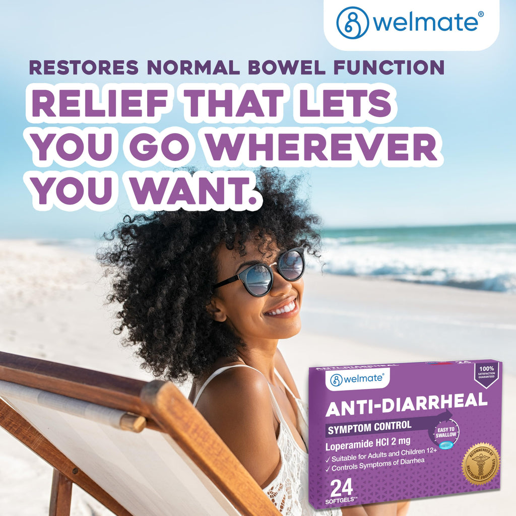 Back side of Welmate stomach relief medicine box outlining full drug facts and warnings